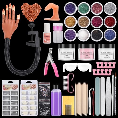 LIONVISON Practice Hand for Acrylic Nails,Flexible Practice Hands Fingers with Nail Kit,Acrylic Powder Brush Nail Art Decoration Tools for Professional Beginners