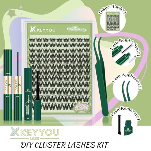 KEYYOU LASH Extension Kit 108Pcs Angel Lash Clusters Kit Thick Eyelash Extension Kit with Glue and Seal,Tweezers,Remover for DIY lash extension kit at Home£¨Kit-Angel A01-D-8-18MIX£©