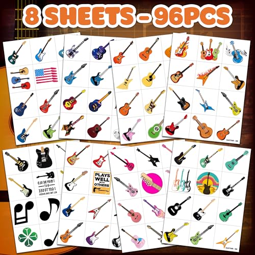 96 PCS Love Guitar Music Pre-Cut Temporary Tattoos for Kids Theme Birthday Party Decorations Supplies Favors Decor, Cute Rock Guitars Musical Instrument Stickers Tattoo Gifts for Boys Girls Prizes