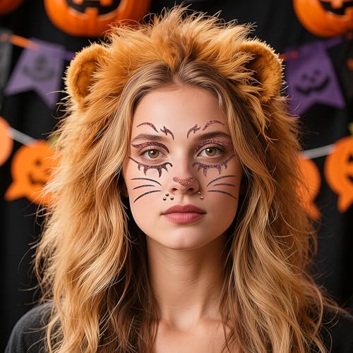 Lion Face Tattoos Stickers Glitter Face Jewels Cute Animal Temporary Tattoo for Adult Kids Makeup Birthday Halloween Cosplay Party Decoration Supplies 2Pcs (11-lion)