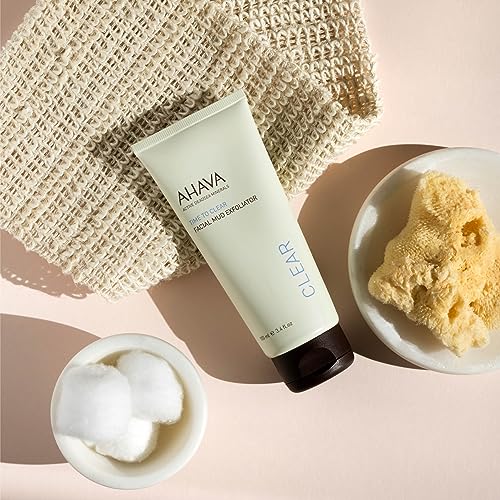 AHAVA Time To Clear Facial Mud Exfoliator - Gentle mud-based scrub to purify, exfoliate & fresh the skin, unveils radiant, boosts skincare absorption, with Osmoter, Vitamin E & Dead Sea Mud, 3.4 Fl.Oz