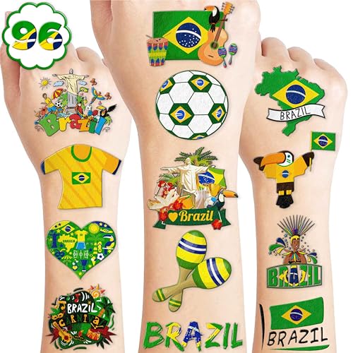 96 PCS Brazil Brazilian Pre-Cut Temporary Tattoos Themed Birthday Party Supplies Favors Decorations D?cor Soccer Carnival Tattoo Stickers Gifts For Boys Girls Class School Prizes Carnival Cartoon