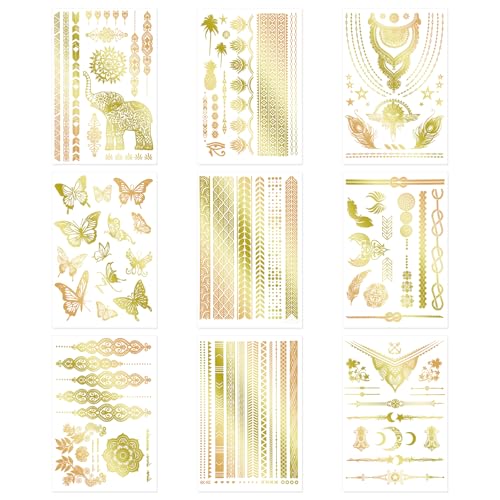 9pcs Gold Temporary Tattoos, 8.3x5.8in Tattoo Stickers Gold Butterfly Star Moon Feather Waterproof Tattoos Stickers for Women Girls Parties Festivals Makeup Cosplay Accessories(Style A)