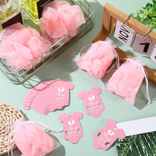 24 Sets Baby Shower Favors for Guests Include Bath Sponge Loofahs, Thank You Cards, White Organza Bags for Baptism Baby Shower Gender Reveal Birthday(Pink)