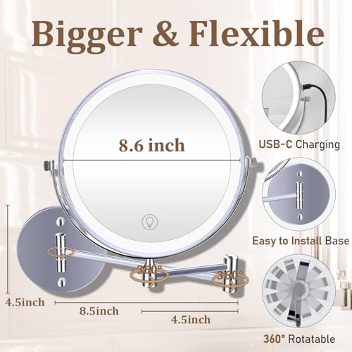 Unimiro 9inch Wall Mounted Makeup Mirror with Light, 1x/20x 5000mAh Rechargeable Magnifying Mirror with Light, 360¡Æ Rotate Bathroom Mirror with Lights, 3 Color, 80 LEDs, Stepless Dimmable
