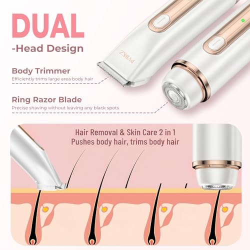 Bikini Trimmer for Women, 2-in-1 Painless Electric Razor for Body and Pubic Hair, IPX7 Waterproof Shaver with Dual Heads - Rechargeable Lady Trimmer for Bikini, Underarm, and Leg (White)