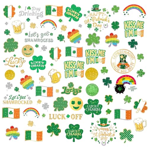 138Pcs St Patricks Day Temporary Tattoos Glitter Shamrock Face Stickers 65 Styles Irish Face Stickers for Women St Pattys Day Accessories for Irish Party Decor(kiss138)