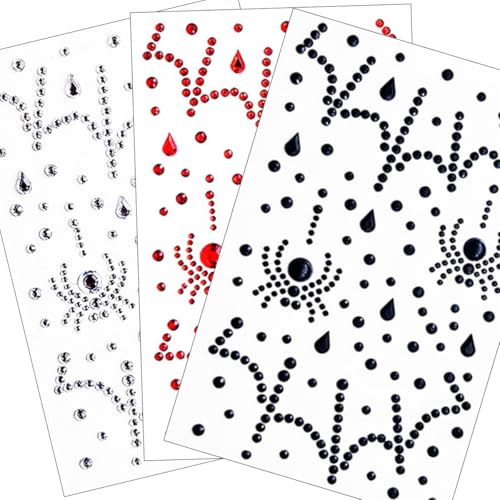 Spider Face Jewels Rhinestones Spider Web Face Gems Stick on Jewels Tattoo Festival Diamonds for Halloween Face Makeup,3-Pack