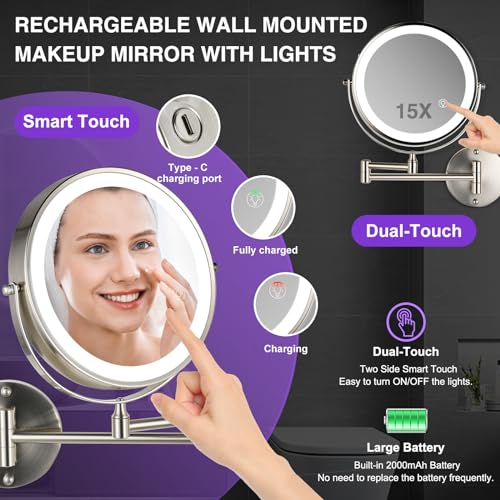 Magnifying Mirror with Lights 1x/15x: 8.5" Double Sided Wall Mounted Lighted Makeup Mirror for Bathroom, Brushed Nickel