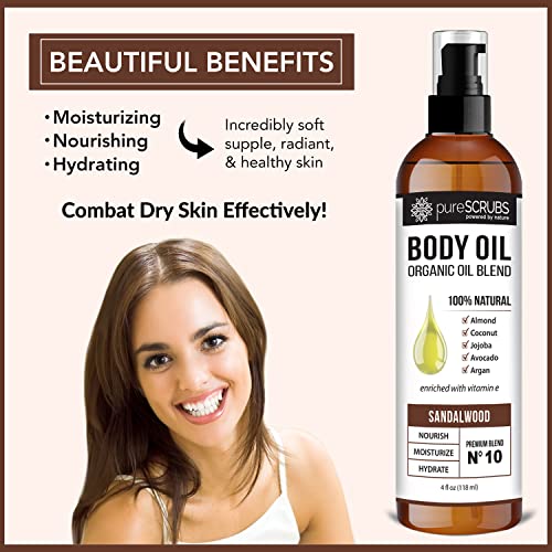pureSCRUBS Ultra Moisturizing Sandalwood Body Oil Spray For Dry Skin, Massage, Cuticles & More, Organic Blend of Jojoba, Argan, Coconut, Sweet Almond & Avocado Oils Enriched with Vitamin E, Lg 4oz