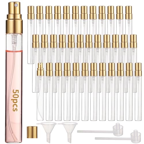 50 Pcs 10 ml Perfume Bottles - Refillable Glass Mini Spray Bottles, Portable Travel Sample Containers, Fine Mist Atomizers with Caps, Includes 2 Funnels and 2 Dispensers, Ideal for Liquids, Gold