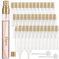 50 Pcs 10 ml Perfume Bottles - Refillable Glass Mini Spray Bottles, Portable Travel Sample Containers, Fine Mist Atomizers with Caps, Includes 2 Funnels and 2 Dispensers, Ideal for Liquids, Gold