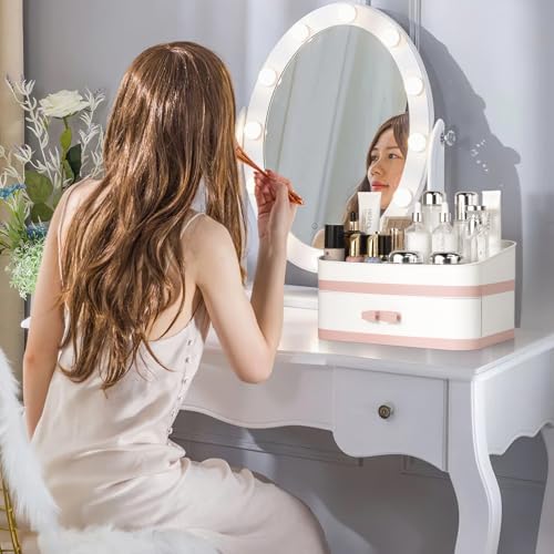 Large Makeup Organizer Countertop, Stackable Vanity Organizer with Drawer Cosmetic Organizer Tray, Make Up Organizers for Vanity, Makeup Storage Counter(Light Pink)