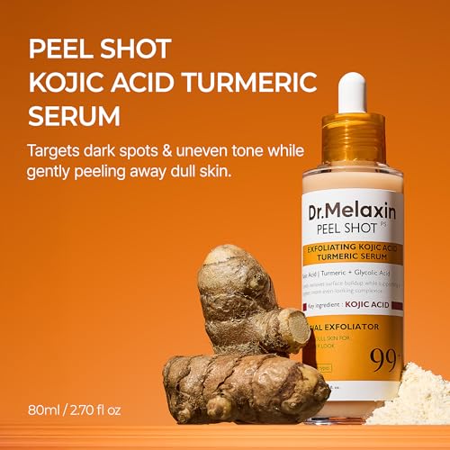 Dr. Melaxin Peel Shot Kojic Acid Turmeric Serum ? Exfoliating Dark Spot Corrector with AHA/BHA & Niacinamide, Brightening & Even Tone Facial Serum (80ml / 2.70 fl oz)