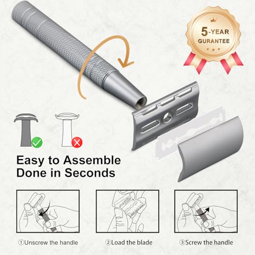 BULIMICA Matte Silver Safety Razor Kit, Includes 1 Safety Razor with 10 Blades and 1 Razor Blade Bank with 30 Blades