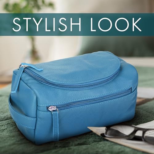 ELIZO Premium REAL Leather Toiletry Bag for Men Dopp Kitt Hanging Mens Toiletry Large TSA Toiletries Bag Shaving Grooming Bag Organizer (Blue, Large)