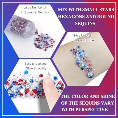 Patriotic Red White and Blue Body Glitter Stick,4th of July Accessories,Sparkling Face Hair Glitter for Fourth of July Outfit Women Kids,American Pride USA Flag Makeup for Independence Day