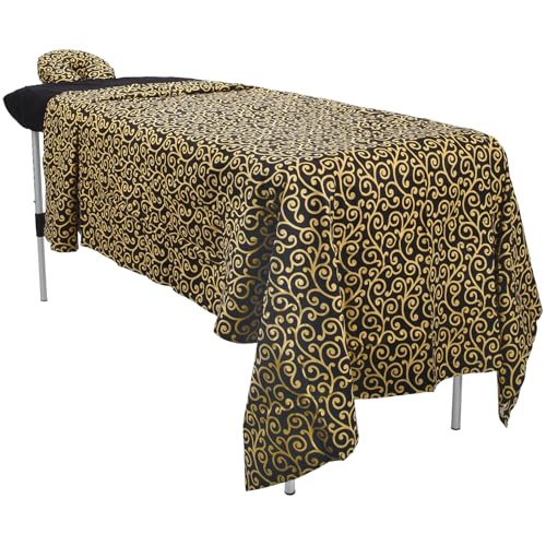 ForPro Premium Designer Flannel 3-Piece Massage Sheet Set, Golden Swirl with Black Fitted Sheet