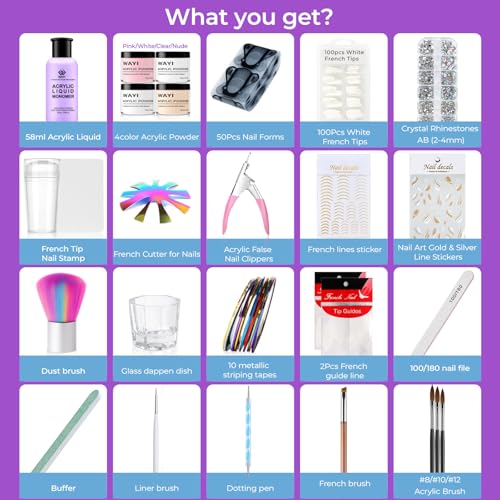 WAYI Acrylic Nail Kit for French Nails, 58ml Monomer, 4¡¿15g Acrylic Powders (Clear/White/Pink/Nude), White French Tips, Rhinestones & Full Tools for Beginners & DIY