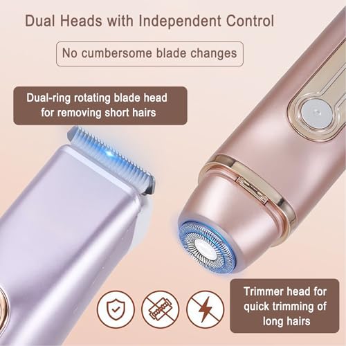 2 in 1 Bikini Trimmer for Women Dual Head Electric Razor IPX7 Waterproof Wet/Dry Use Women Electric Shaver, Body Facial Hair Remover for Bikini Legs Arm Underarm, Rechargeable