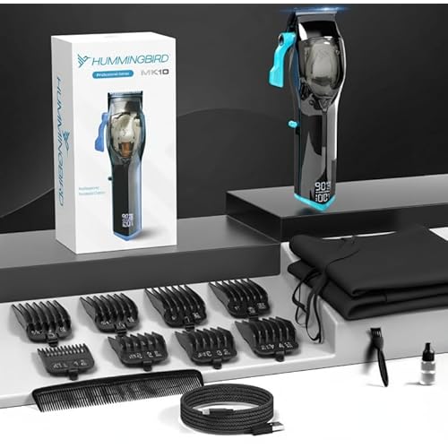 HUMMINGBIRD MK10 Pro Series Hair Clippers ? 9,000 RPM Brushless Motor, DLC Blade, Cordless USB-C Rechargeable, Super Torque, Professional Barber Clippers, Haircut Kit, Includes Barber Cape & Comb