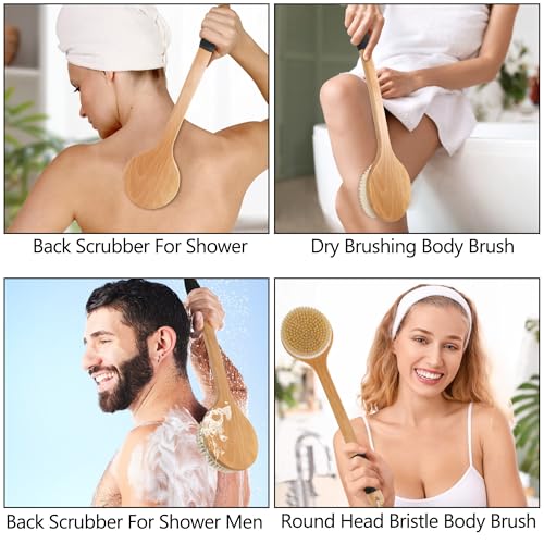 OWIIZI Round Head Back Scrub Brush for Body Shower, Wooden Long Handle Bristles Tub Soaping Bath Brushes, Skin Exfoliator Scrubber Brush for Men Women Elderly Wet or Dry Use