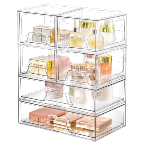 Stackable Makeup Organizer Storage Drawers Set of 6, Clear Plastic Organizer Bins for Beauty Supplies,Ideal for Vanity, Bathroom,Cabinet,Pantry Organization (2Long 4 Short)