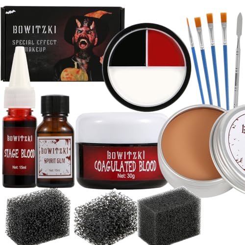 Bowitzki Halloween Makeup Kit SFX Scar Wax Special Effect Makeup,Coagulated Blood + 3 Colors Oil Based Face Paint + Spirit Gum + Skin Wax + 3 Stipple Sponges + Spatula