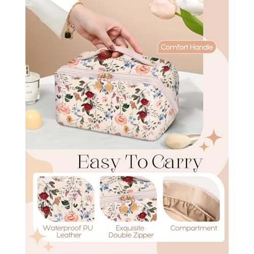 Bistup Makeup Bag Travel Cosmetic Bag Toiletry Make Up Bags Cute Women Large Capacity Big Medium Leather Flower Floral Aesthetic Girl Teen Teenage Foldable Expandable Open Flat Zip