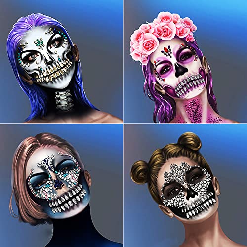 Face Jewels Day of the Death Face Gems Tattoo Face Gems Stick on Halloween Makeup Costume,4-Pack