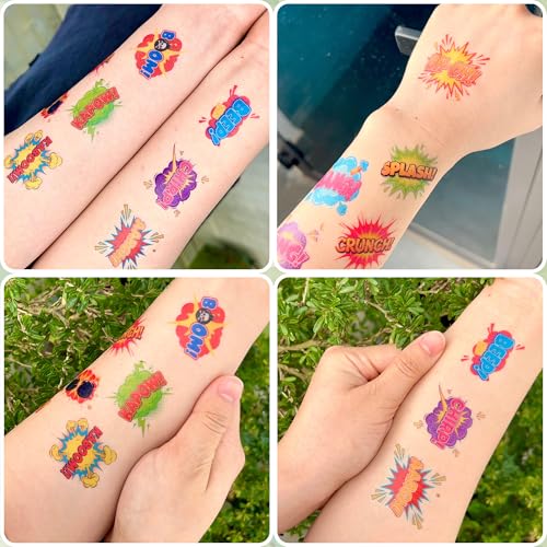 96PCS Hero Temporary Tattoos Sticker For Kids - Hero Themed Birthday Party Favors Birthday Party Decorations Accessories Pow Wow Bang Boom Omg Gift Idea For Kids Teen Adult Classroom Prizes Rewards