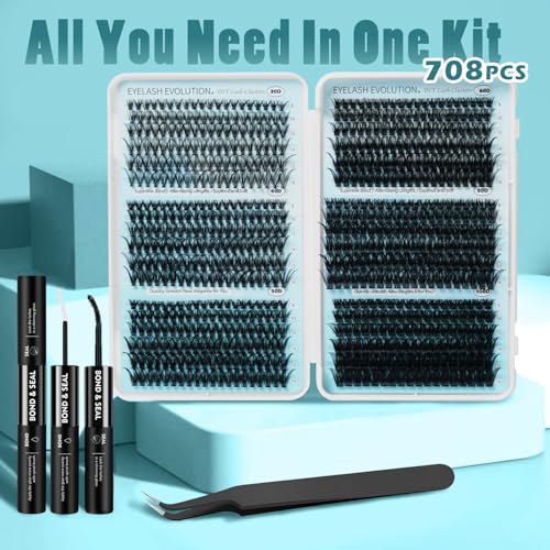 Lashes Clusters Kit,708PCS Fluffy Lash Clusters 30D-100D,8-16mm C Curl 0.07mm Soft Individual Cluster Lashes with Bond & Seal for Natural, Fluffy or Volume Look