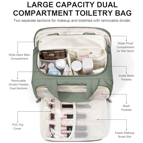 Travel Toiletry Bag for Women, Lightweight Large Quilted Puffy Makeup Bag Wide-open Make up Organizer Cloud Cosmetic Bag w/Handle for Traveling Toiletries Essentials Accessories Sage Green