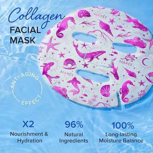 MAREE Eye Gels & Facial Masks Bundle - Under Eye Gels for Puffy Eyes and Dark Circles, Sheet Moisturizing Masks - Marine Collagen & Hyaluronic Acid, Green & Red Algae Extract - for All Skin Types