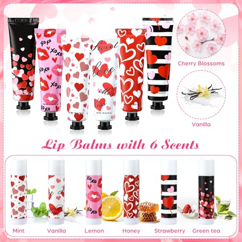 Loopeer 48 Sets Valentine Bulk Gifts Hand Cream and Lip Balm Bulk Set with Organza Bag Red Love Heart Card Galentine Gifts for Valentine Party Favors Stuffers Woman Men Teacher Staff Nurse Coworker
