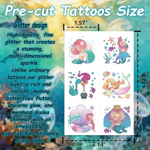 Glitter Temporary Tattoos for Girls - 180 Individually Sheets Mermaid Butterfly Unicorn Tattoo Stickers for Kids, Waterproof Fake Tattoos for Birthday Party Favors Goodie Bags Stuffers Party Fillers