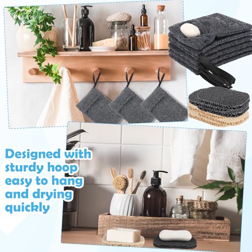 24 Pack Soap Saver & Bag Set Include 12 Soap Pocket Squares Exfoliating Pouch and 12 Bar Lifting Pads Body Scrubber Rough Sponge Self Draining Holder for Bath or Shower (Gray and Beige)