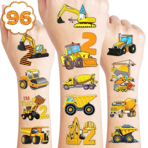 100 PCS Construction 2nd Temporary Tattoos Birthday Party Decorations Favors Supplies Trucks Tractor Two Years Old Vehical Excavator Bulldozer Stickers Gifts For Boys Classroom School Prizes Reward