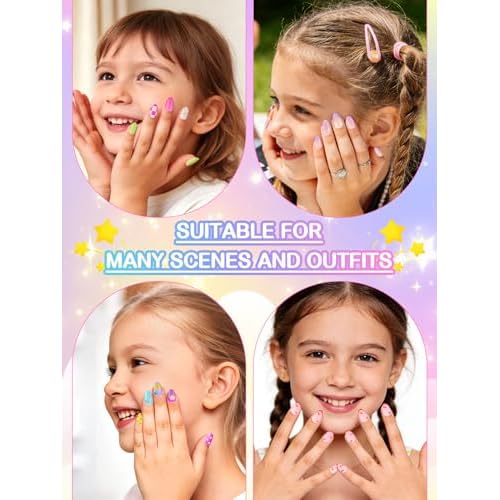 EBANKU 156 Pcs Press on Nail Kids Gift Box, 6 Pack French Flower Kid Flase Nails Kit with Nail Glue Set Fake Nail for Girls 5-10 Years Christmas Gift Set