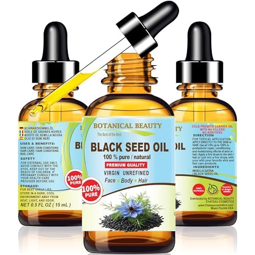 Botanical Beauty BLACK SEED OIL 100% Pure Natural Undiluted Virgin Unrefined Cold Pressed Carrier Oil. 0.5 Fl.oz.- 15 ml. for Face, Skin, Body, Hair, Nails. Rich in Vitamin C, Vitamin E