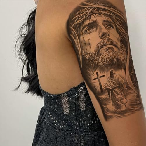 2 Sheets Temporary Tattoos Stickers Jesus Cross Religion Old School Designs For Men Waterproof Arm Leg Fake Body Art, Gym & Parties Bold Masculine Decals