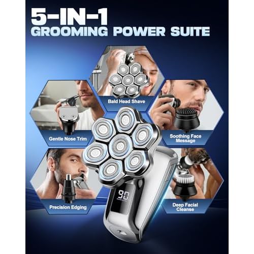 Head Shavers for Bald Men, 7D Floating Blades Electric Razor with Magnetic Detachable Heads, IPX7 Waterproof Rotary Shaver 5-in-1 Self-Grooming Kit Gift for Balder