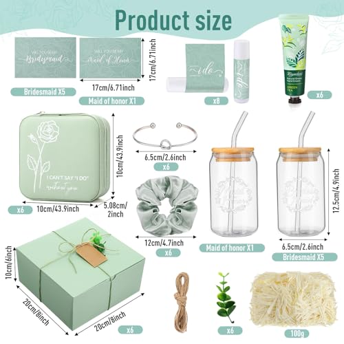 60 Pcs Bridesmaid Proposal Gifts Bridesmaid Box Set Maid of Honor Gifts Wedding Bridal Shower Include Jewelry Box Glass Cup Scrunchies Hair Knotted Bracelets Hand Cream Lip Balm Cards(Green)
