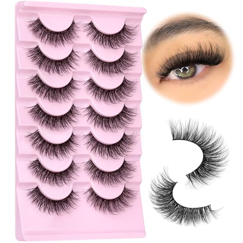Mink Lashes Wispy False Eyelashes Clear Band Fake Strip Lashes Natural Look 18 mm Cat Eye Eyelashes Pack Pesta?as Postizas Naturales Soft 3D Lashes, 7 Pairs