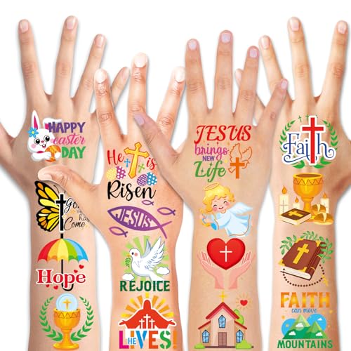 HOWAF 96pcs Religions Easter Temporary Tattoos, Happy Easter Day Temporary Tattoos for Kids, Christian Easter Waterproof Tattoos Stickers for Easter Spring Party Favors, Easter Jesus Cross Tattoos