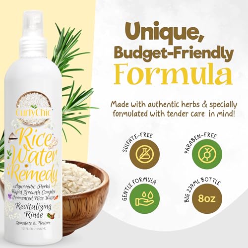 Curly Chic Rice Water Remedy Revitalizing Hair Rinse - Anti-Breakage & Strengthener, Ayurvedic Herbs, Nourishing Conditioner for All Hair Types - Sulfate, Paraben & Mineral Oil Free - 8 fl oz