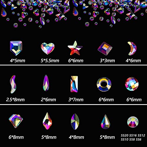 HUETFAT 2400pcs Nail Gems Ab Flatback Rhinestones Gems Stones. 8400pcs Multi Shapes Glass Gems for Nail Decoration Mix Size Flatback Nail Jewels Stones Packaged in Diamond Storage Box with Profession