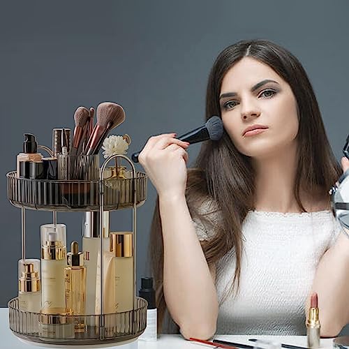 360 Rotating Makeup Organizer, Large Capacity Bathroom Organizer Countertop, 2 Tiers Make Up Organizers and Storage for Vanity, for Perfume, Skincare, Cosmetics, Lipsticks, Smoky Gray