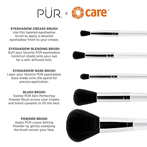 P?R MINERALS x CARE 5-Piece Makeup Brush Set with Holder Case - Professional Quality Makeup Brushes Includes Blush, Powder, Eyeshadow Base, Eyeshadow Blending, and Eyeshadow Crease Brushes