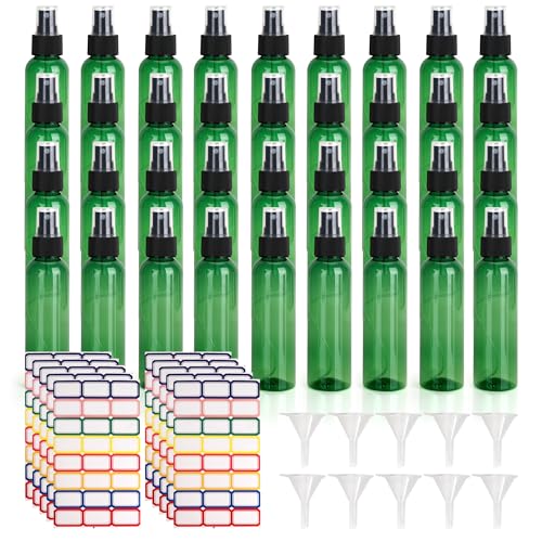 36 Pack Fine Mist Small Spray Bottles 4 oz/120 ml Plastic Spray Bottles, Empty Small Travel Spray Bottle, Refillable Mini Sprayer Bottle Bulk with Funnels and Labels, Green